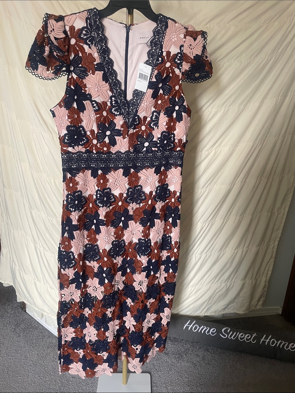 Adelyn Rae Pink Navy & Brown Floral Lace Midi Dress